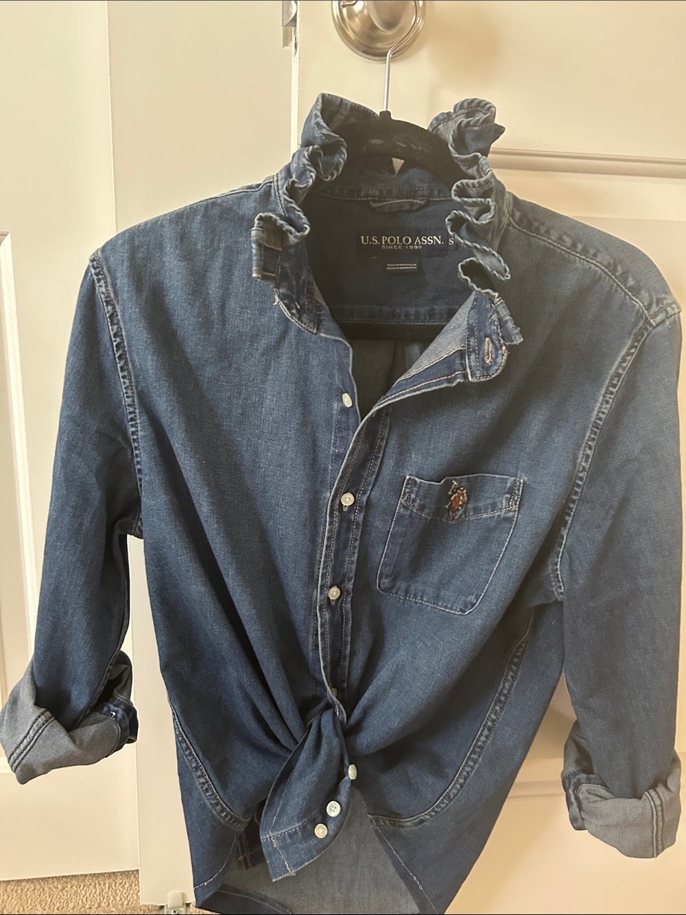 U.S. Polo Assn. Denim Button-Down Shirt recreated with a ruffled collar .